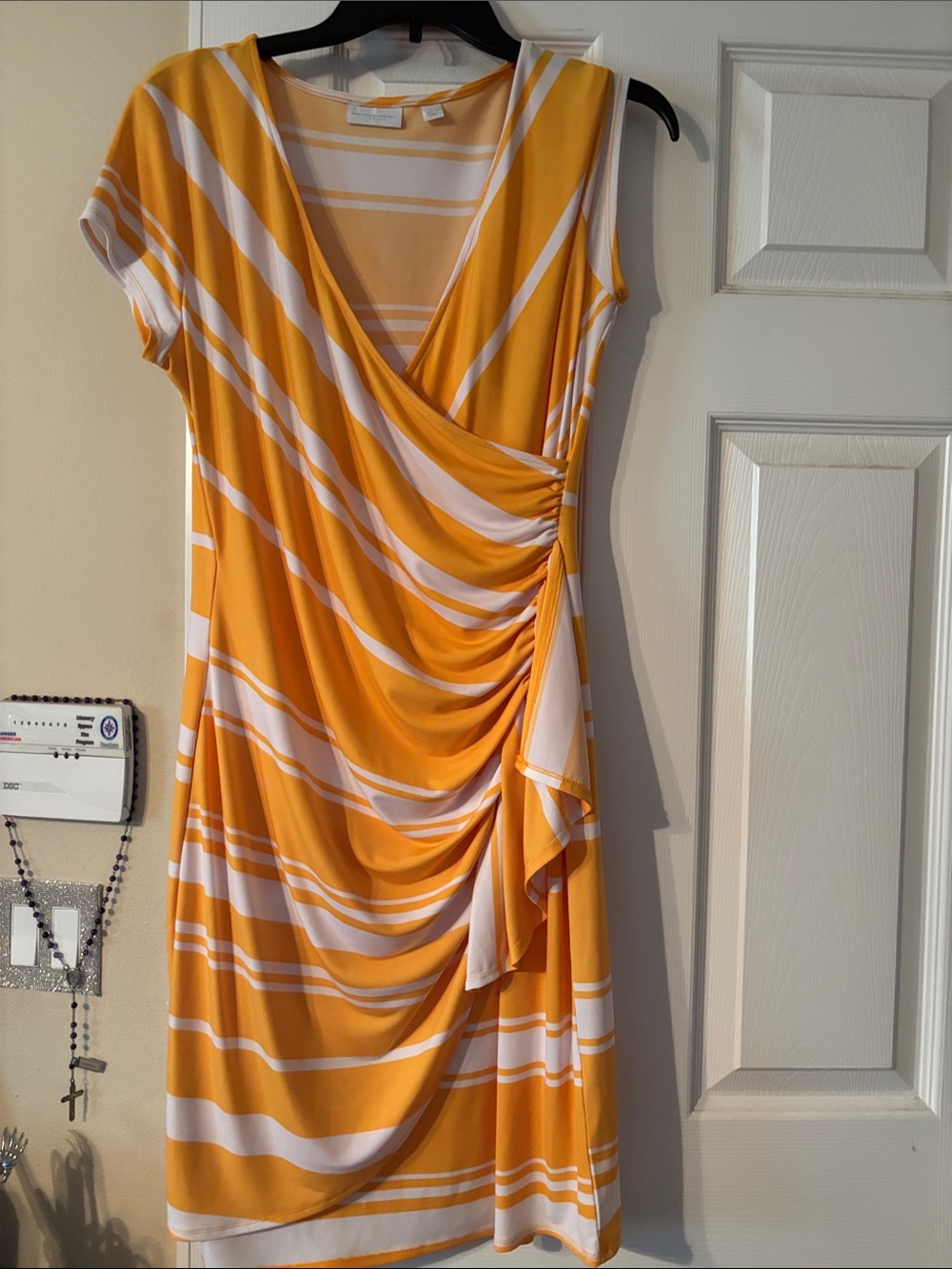New York & Company Yellow and White Striped Wrap-Style Dress